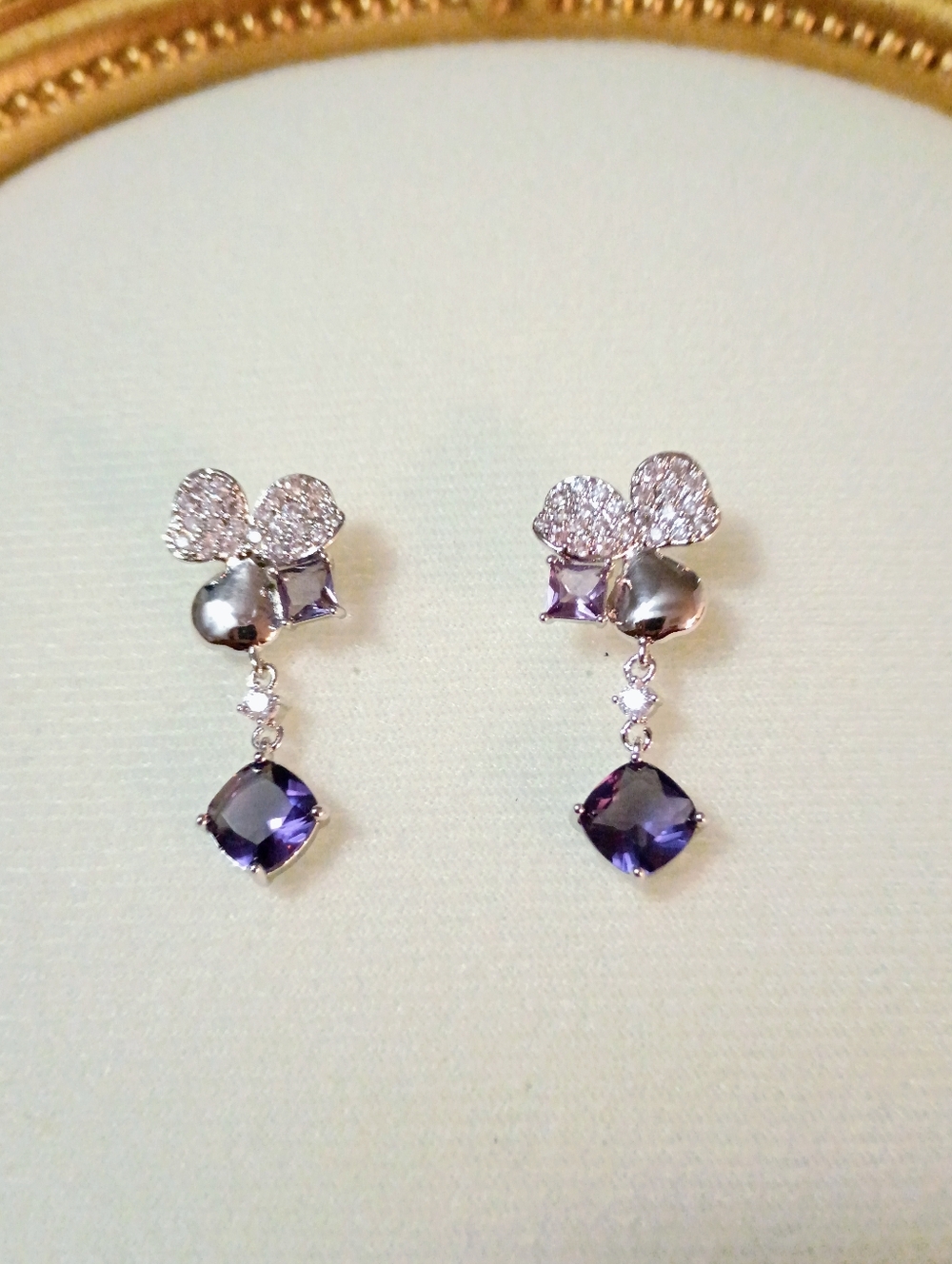 New White Gold Plated Purple Crystal Drop Earrings